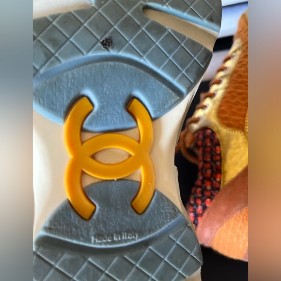 CHANEL Orange Gold Tweed Suede Lace up CC Sneakers - Picture 10 of 16